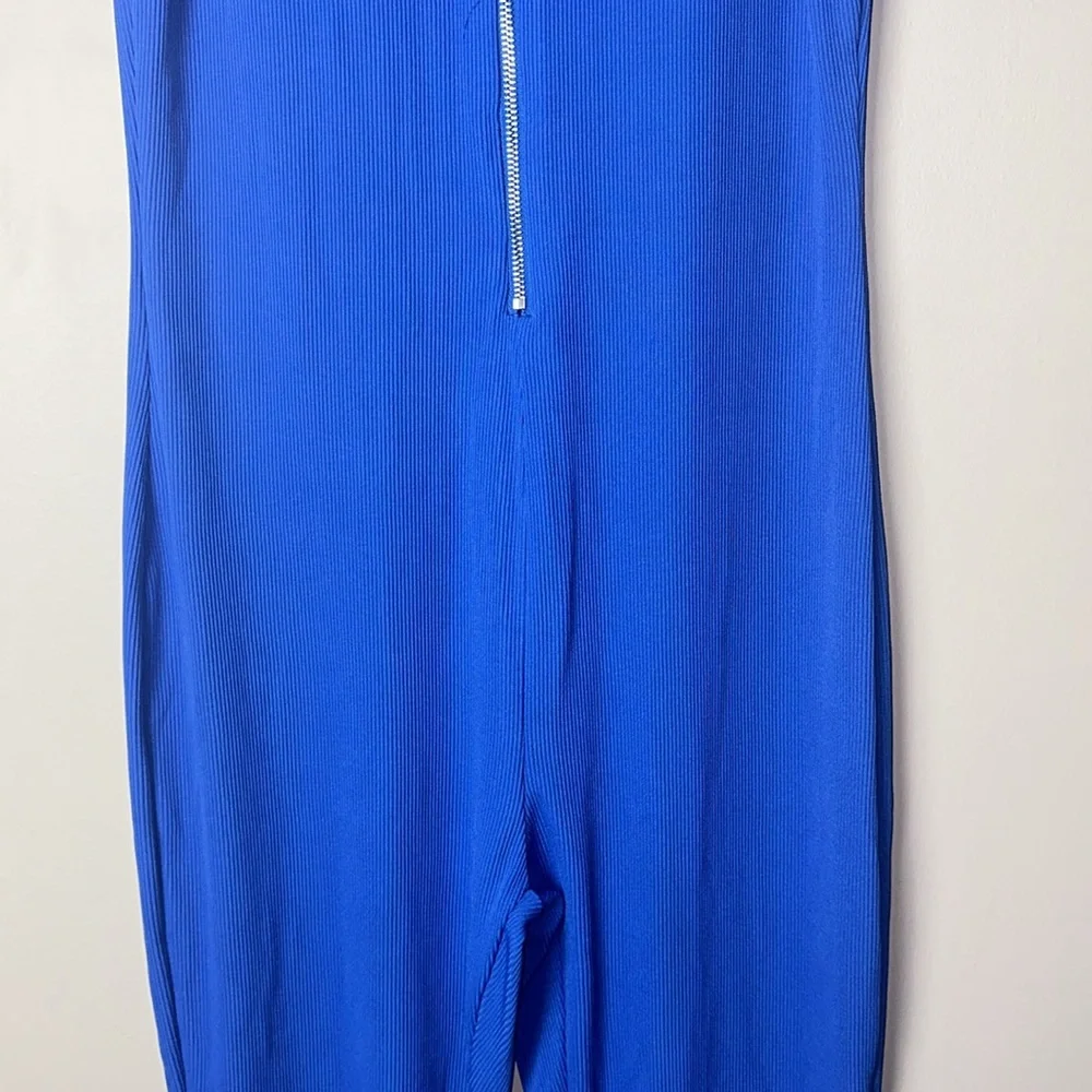 Pretty Garden Blue Ribbed Sleeveless Mock Neck Jumpsuit Women's Large - Picture 4 of 7
